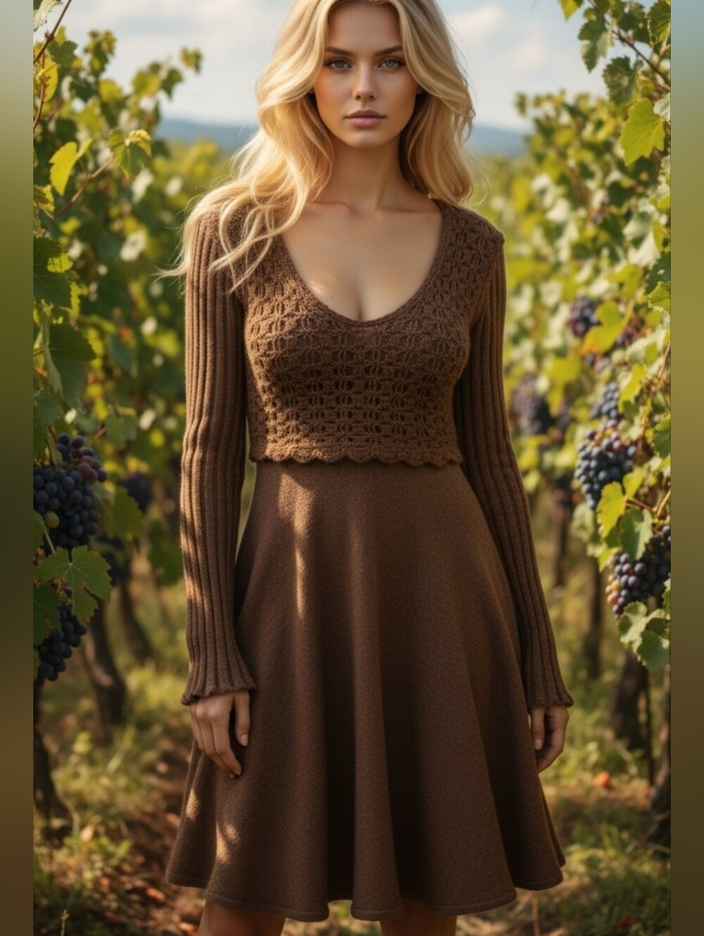 Knit Crochet Overlay Whimsigoth Cottagecore Midi Dress In Chocolate Brown